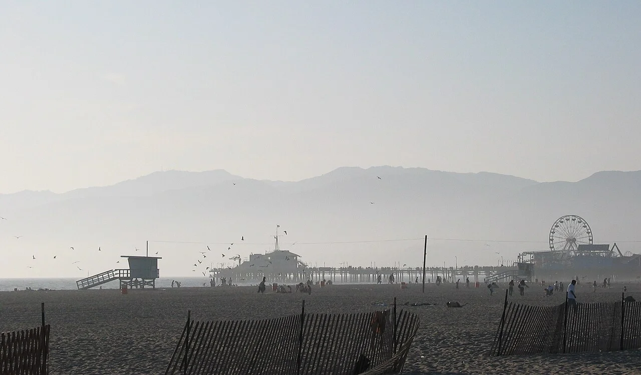 Santa Monica beach and pier in coastal haze