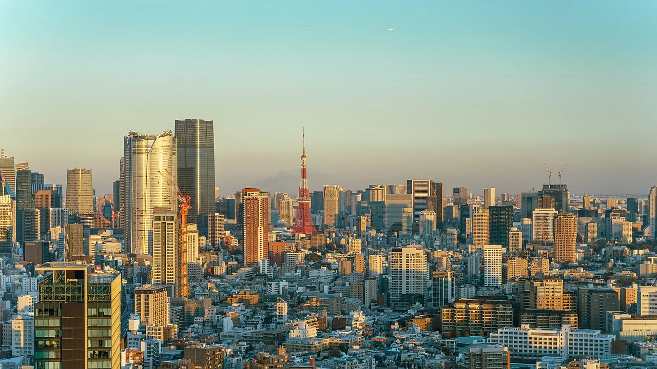 Tokyo skyline with Tokyo Tower in the distance at golden hour